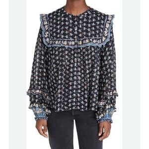 Free People Oversized Jenna Floral Peasant Top Night Combo Women's Sz Small Boho